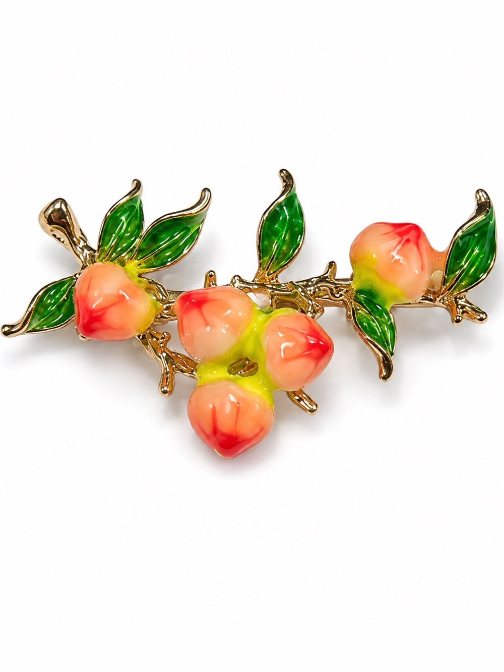 Peach Blossom Enamel Brooch - Pink and Green Floral Jewelry